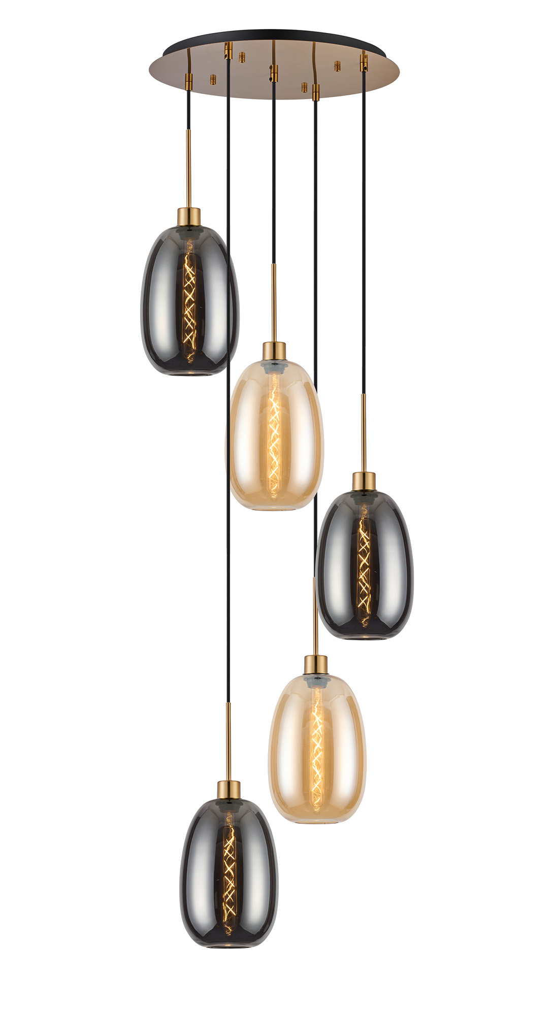 DK1190  Lori 45cm Round Pendant, 5 Light Adjustable E27, Antique Gold/Amber/Smoke Slim Curved Trapezium Shades